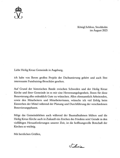 Offizielles Schreiben von Königin Silvia von Schweden